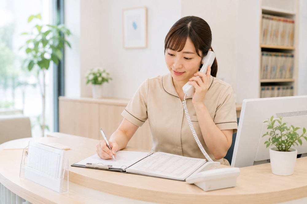 受付でお電話を受けているスタッフ