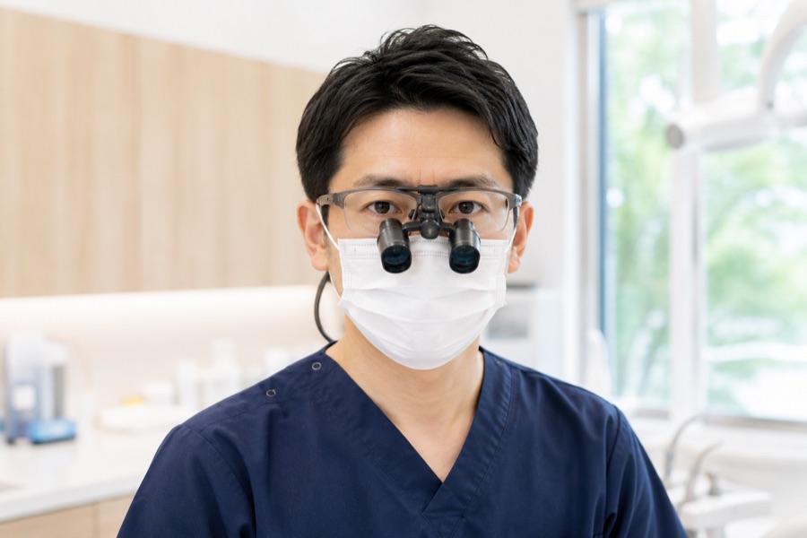 拡大鏡（ルーペ）を装着した歯科医師