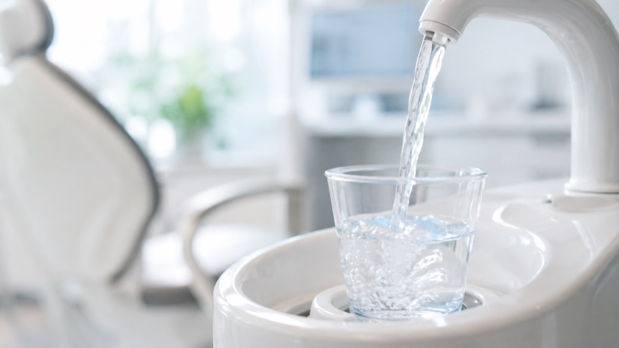 うがい用コップに注がれる澄んだ水