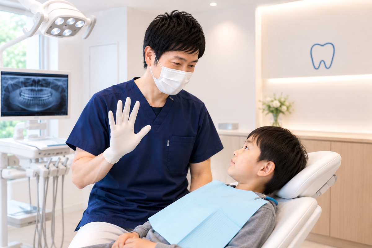 つらいときは手を挙げて合図するよう、お子さまに伝える院長