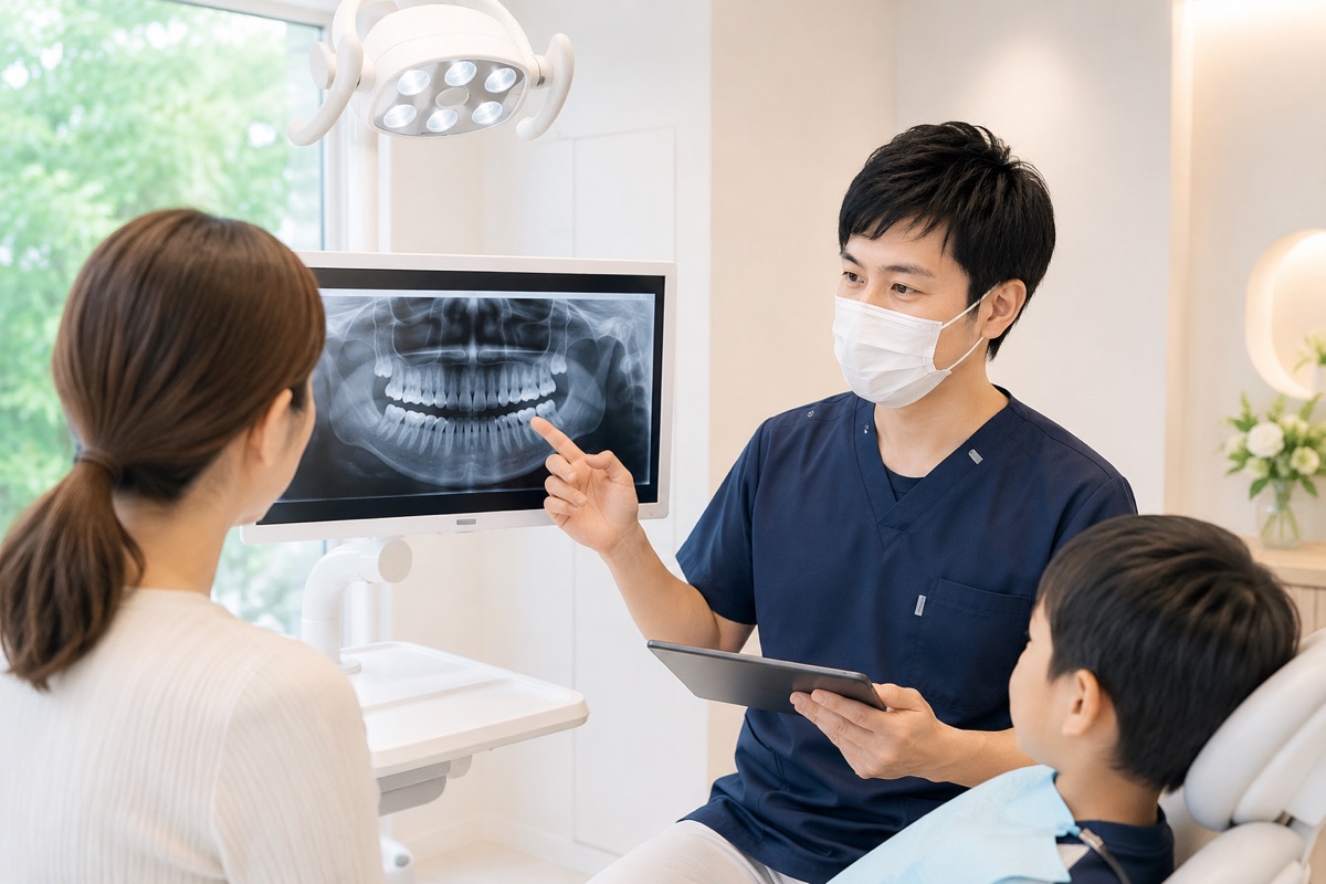 レントゲン画像を見せながら治療内容を説明する院長