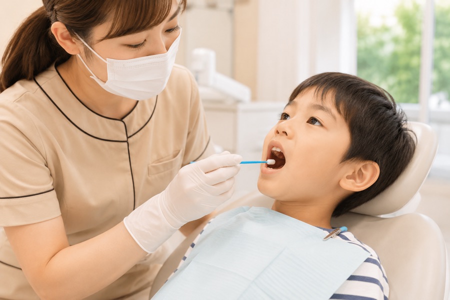お子さまにフッ素を塗布する歯科衛生士