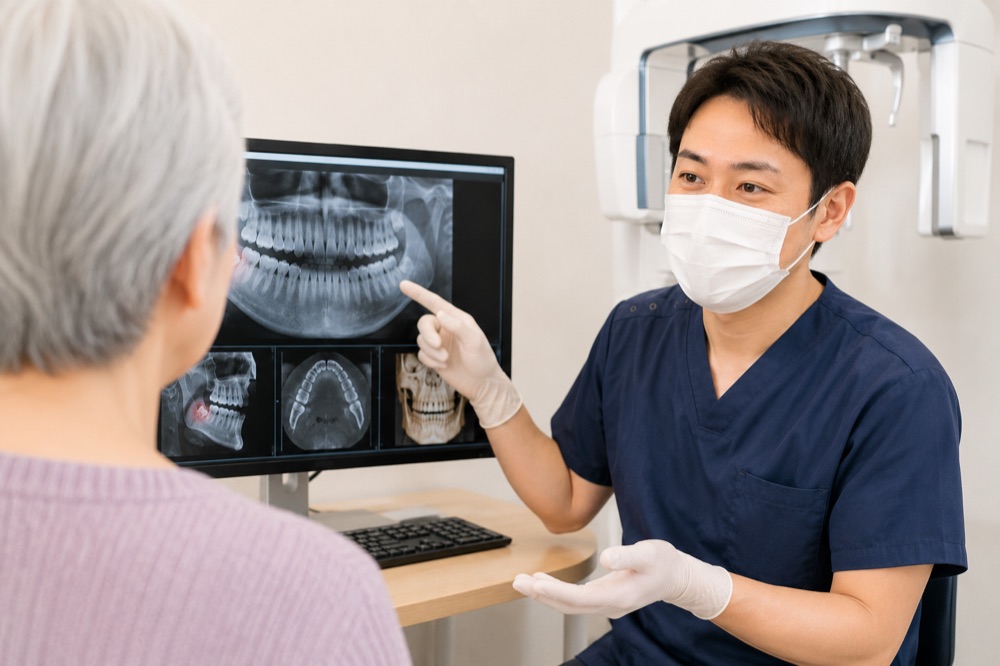レントゲン画像を見せながら親知らずの状態を説明しているところ
